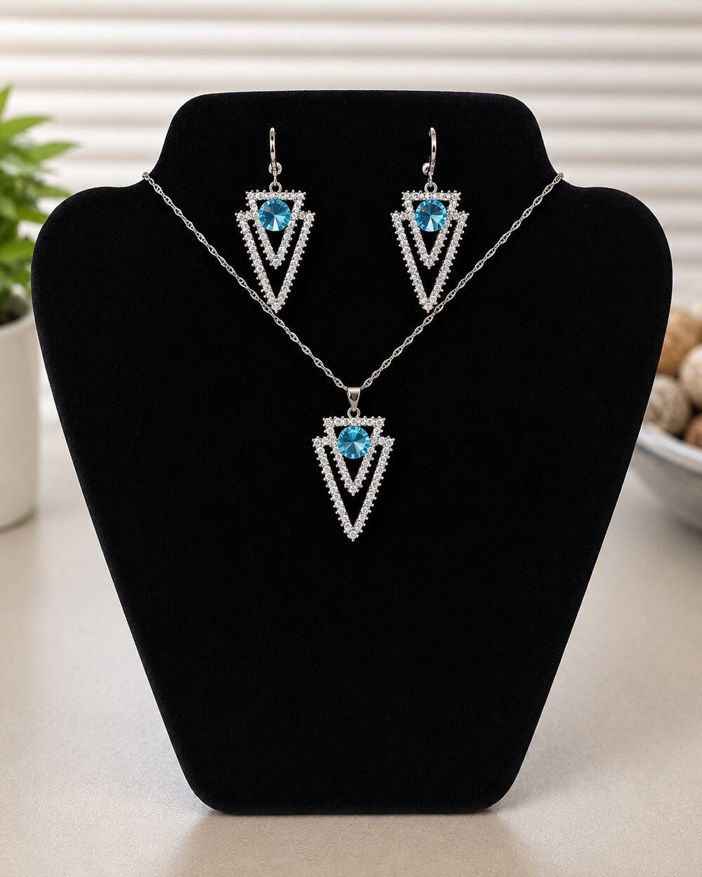 Art Deco Blue Crystal Necklace & Earrings Set Silver Tone Geometric Jewelry